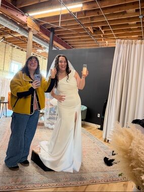 Sarah Seven White Crepe Wedding Gown with Side Slit